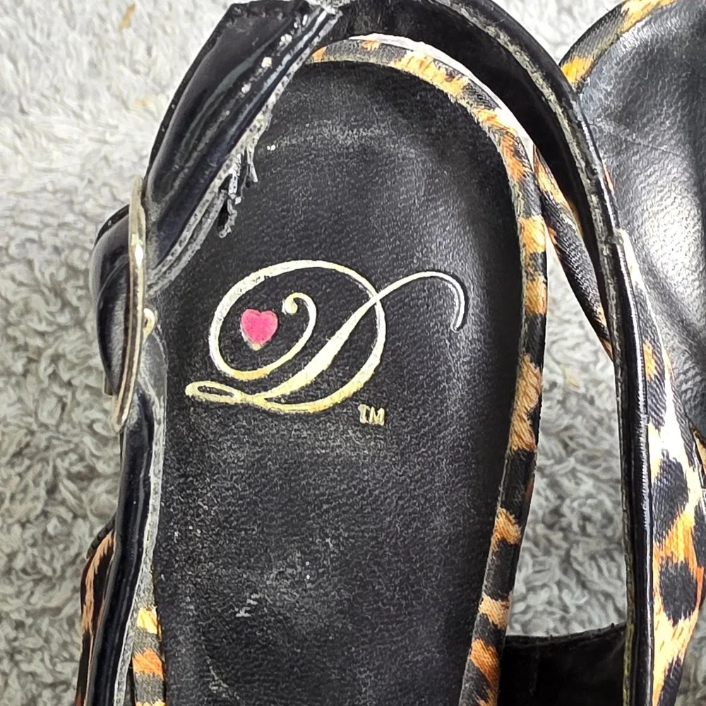 VTG Dollhouse Platform Peep Toe Leopard Black Flower Slingback Heels Sz‎ 6.5-7